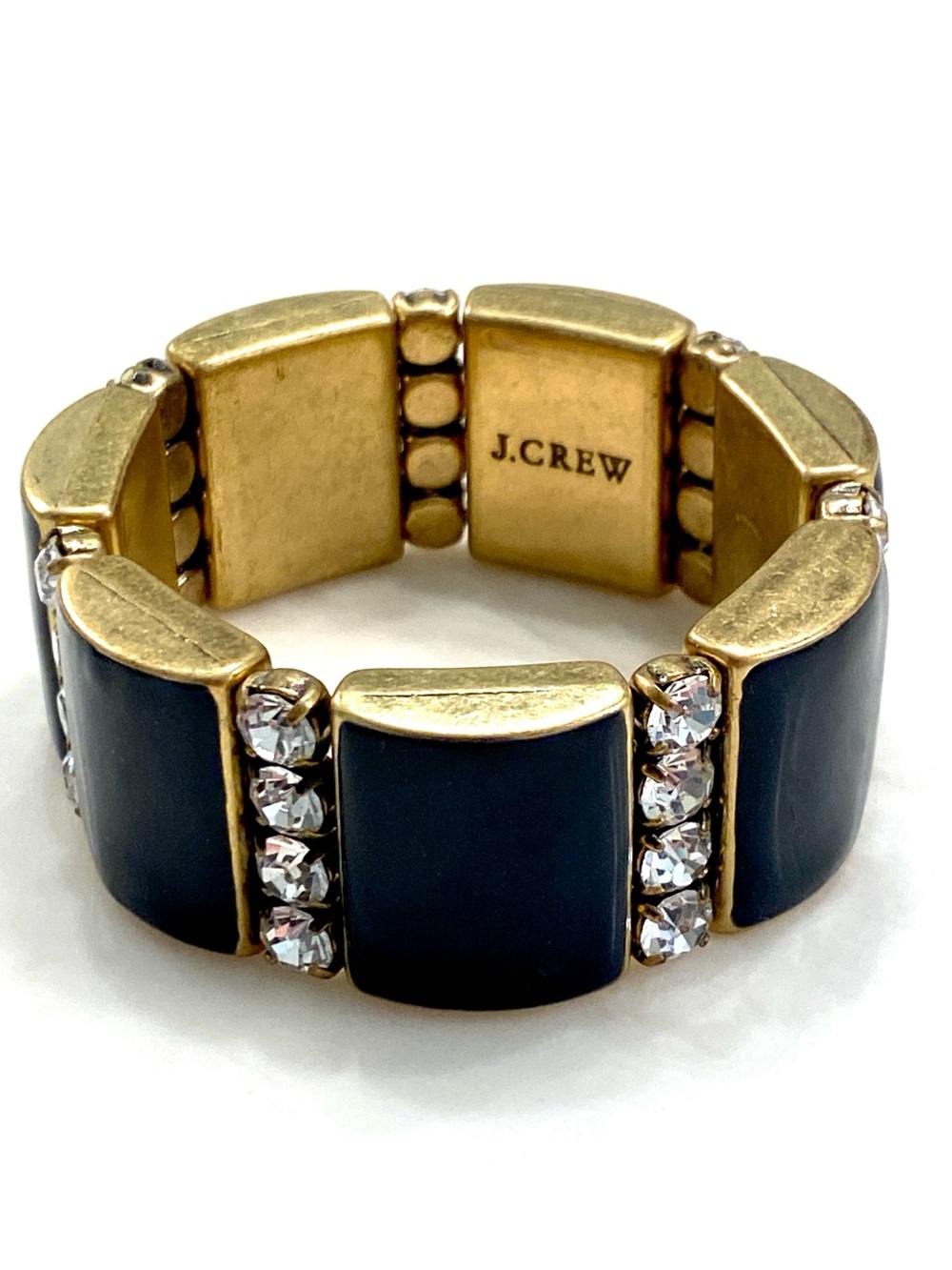 J.Crew Black Resin Block Tile & Crystal Rhinestone Spacer Wide Stretch Bracelet